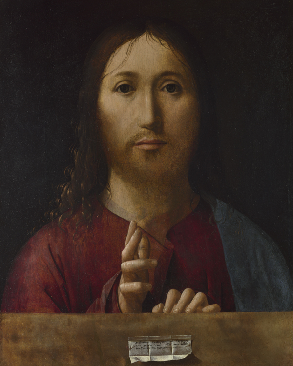 Cristo benedicente o Salvator Mundi (1465), tempera su tavola, particolare. Londra, National Gallery